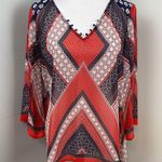 Fig & Flower Red White Blue Flare Sleeve Sheer Tunic Top Medium Photo 0