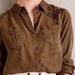 Anthropologie  Holding Horses Womens Shirt Green Y2k Buttefly Embroidered 4 Photo 0