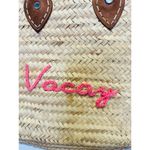 POOLSIDE Woven Straw Open Tote Pink “VACAY” Text Leather Handle Tote Purse Photo 6
