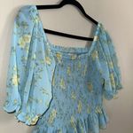 WAYF  Smocked Floral Teal Short Puff Sleeve Top Size Medium Photo 1