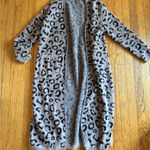 Entro EUC  Women's Duster Cardigan Size Large Gray Knit Animal Print Open Front Photo 0