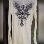 Affliction Cream and Black Cut Out Graphic Blouse Photo 1