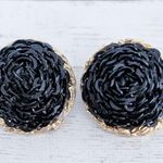 Vintage Clip On Earrings Black Wrapped Chain Like with Gold Tone Halo Photo 1
