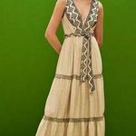 PatBO Sleeveless Linen Tan and Black Embroidery Maxi Sun Dress sz 6 Photo 0