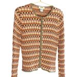 Talbots Knit Cardigan Sweater Pink Brown metallic Plaid Full Zip Long Sleeve M/L Photo 7