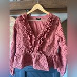EXPRESS Boho  Ruffle Eyelet Peplum Top rust/orange/pink large Photo 2