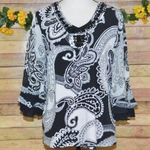 Multiples Ladies L Black & White Paisley Beaded Collar Blouse Top 3/4 Sleeve Photo 0