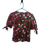 ZARA Womens Floral Puff Tie Short Sleeve Cotton Top Pink Green Small Photo 3