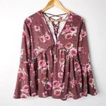 Anthropologie Altar’d State Floral Print Bell Sleeve Tie Up Lace Back Babydoll Blouse Top Photo 10