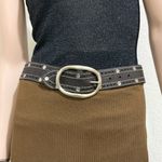Lucky Brand  Black Crackle Leather Solid Brass Buckle Studded Unisex Belt Size 28 Photo 4