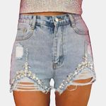 Blue Buttercup  Blue B Trendy Rhinestone Gemstone Embellished Denim Shorts Photo 0