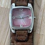 Fossil  Ladies Watch Brown Embroidered Leather Strap Rectangular Pink Dial Photo 1