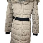 French Connection Women’s Tan Faux Fur Belted Hooded Longline Jacket Medium Photo 1
