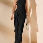 Sleeveless Ruffle High Slit Wrap Dress, Strapless Backless Formal Gown Black Photo 2