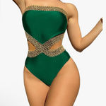 Milumia Women's Stitch Detail Strapless One Piece Swimsuit Cut Out Green Gold L Size L Photo 0