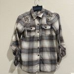 Fang Plaid Studded Shoulder Flannel Shirt Womens Size S Roll Tab Sleeves Brown Photo 1