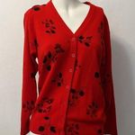 Vintage 80s Hong Kong cherry red black floral blossom button up cardigan sweater Size undefined Photo 0