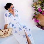 ZARA white kaftan tunic maxi dress blue embroidery Mediterranean coastal M large Photo 1