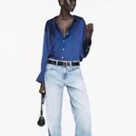 ZARA  Satin Effect V Neck Button Down Shirt Navy Blue sz Small Photo 1