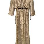 Adrianna Papell New Evening Dress Womens 2 Tiered Maxi Bolero Beaded Jacket Gold Photo 0