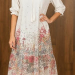 NORACORA
White and Red Tiered Maxi Dress with Mandarin Collar White Size L Photo 0