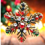 Christmas Snowflake Brooch Pin Star Red Green Crystal Accents Festive Wi… Photo 0