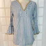John Mark blue white stripe bell sleeve colorful print back blouse size small Photo 0