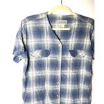 VTG Silk Exchange Blue Plaid Button Up V Neck Short Sleeve Silk Shirt Womens S Photo 2