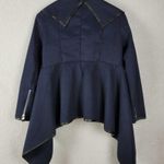 Jeykay Womens Cardigan Jacket Navy Blue Leather Trim Asymmetric Drape Open Front Size undefined Photo 11