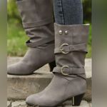 Women Gray Faux Suede Heeled Boots with Slouchy Design and Silver Buckles Size undefined Photo 5