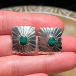 Sterling Silver Navajo 925  Vintage Cabochon Green Malachite Post Earrings Photo 8