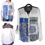 Desigual Gemma Woven White Blue Crochet Boho Bohemian Long Sleeve Blouse Large Photo 1