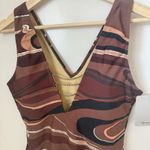 Vintage Spiegel One Piece Swimsuit Brown Silver Print Deep Plunge With Chain 14 Photo 4