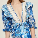 Farm Rio  Blue and White Floral Full Of Flowers Ruffle Jumpsuit Size Small Photo 0