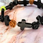 Rose & Cross Handmade Beaded Bracelet Black Brown & Neon Green Photo 2