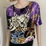 Vintage Fully Sequinned & Beaded Wild Cat Leopard Dolman Sleeve Silk Top Size S Black Photo 3