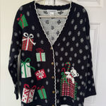 Cotton Emporium  Christmas Sweater Cardigan Festive Black and Red Size Large Photo 0