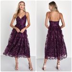 Lulus  Dress Pure Poise Dark Purple 3D Embroidered Tulle Midi Medium NWT Photo 1