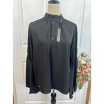 T Tahari  Blouse Womens Size S Black Mock Neck Keyhole Large Bell Sleeve Chic Photo 2