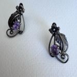Vintage Sterling Silver Amethyst Orchid Feather Southwestern Drop Earrings Estat Photo 0