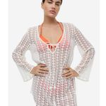 H&M White Crochet Knit Deep V Tie Long Sleeve Beach Cover Up Mini Dress Size M Photo 0