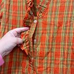 Tizzie Womens Shirt Small Orange Plaid‎ Button Front Ruffle Cotton Long Sleeve Photo 2