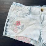 American Eagle  AE White/Blue Striped w/Floral Patchwork Cut Off Jean Shorts | 2 Photo 1
