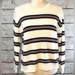 Cotton Emporium  Crewneck Sweater Loose Knit White w Red/Blue Stripes-Medium Photo 0