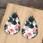 Faux leather piggy sunflower print dangle light‎ weight earrings Pink Photo 0