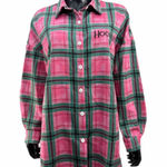 Harry Potter Hogwarts Pink Green Plaid Button Down Shirt Women's L Graphic Back Photo 0