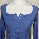 Blue Ribbed Square Neck Long Sleeve Button Front Top Size S Korean Aesthetic Photo 4