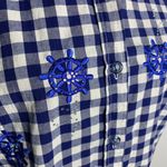 Quacker Factory  Embroidered Button Up Shirt XXS Blue Gingham Short Sleeves Photo 2