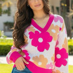 Southern Grace  Dazed For Days Floral V Neck Sweater in Pink Beige Small 4/6 Photo 0