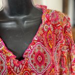 Chloé & René women's shift dress coral red pleated fabric bell sleeves size M Photo 4